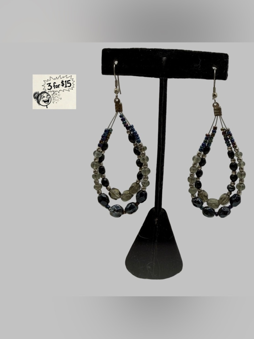 Handcrafted Multi-Bead Loop Earrings - Gray and Black